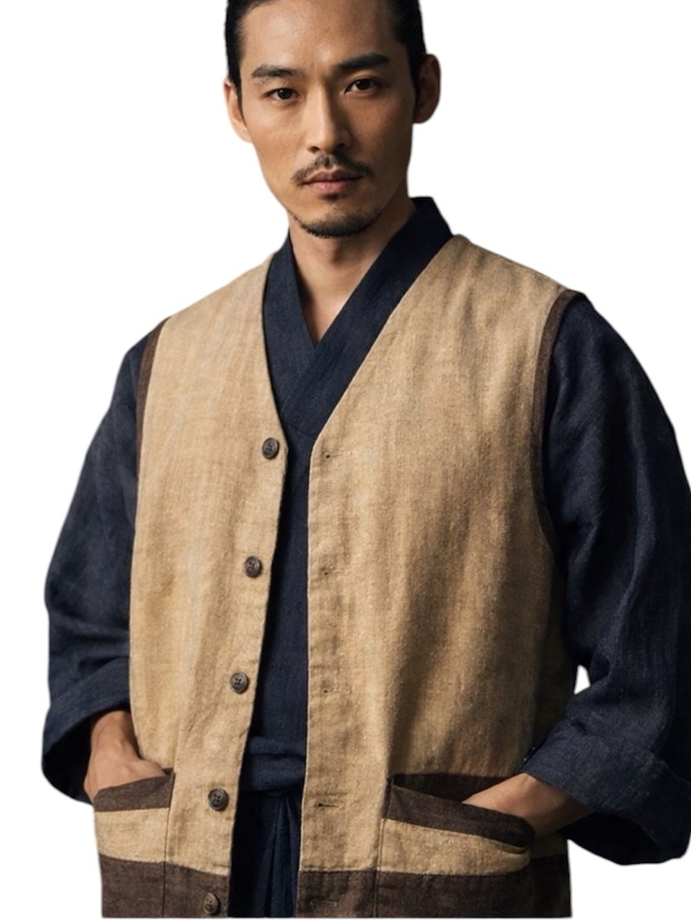 Vintage Two-Tone Cotton Ramie Button Vest Boho Minimalist Artisan Men L Pockets